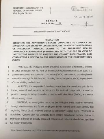 PS Resolution 3, INQUIRY INTO ALL PHILHEALTH-RELATED SCAMS filed by Sen Sonny Angara