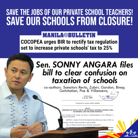 Bill clarifying tax perks for private schools gains support in the Senate-- Angara