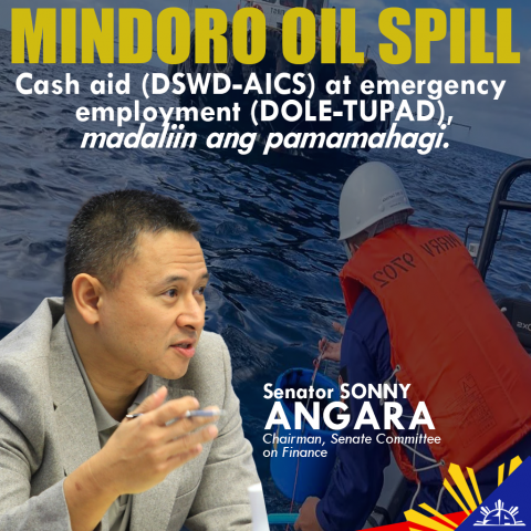 Angara to DSWD and DOLE: Fast track the release of cash aid and provision of emergency employment to residents affected by the oil spill in Oriental Mindoro